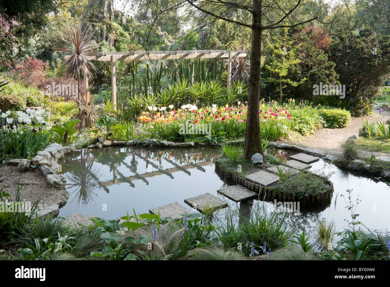 Pool in Andre Heller Botanical gardens in town of Gardone Riviera Lake Garda Italy Stock Photo