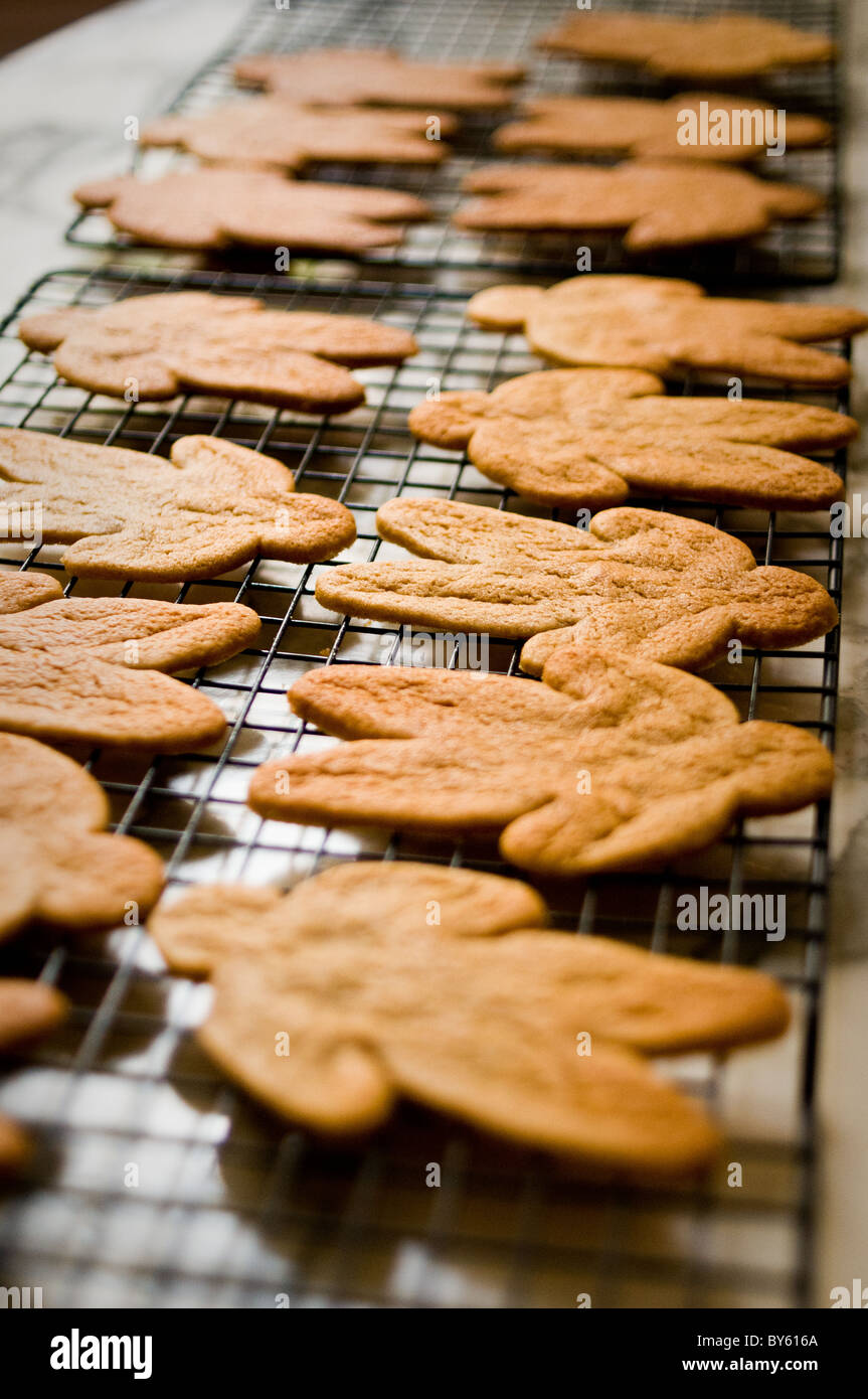 Gingerbread men cooling on a metal rack. Stock Photo
