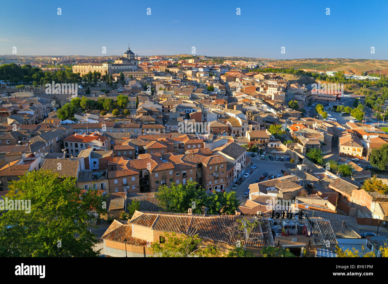 Elevated view over Toledo with the Alcazar on the horizon, Castilla-La Mancha, central Spain Stock Photo