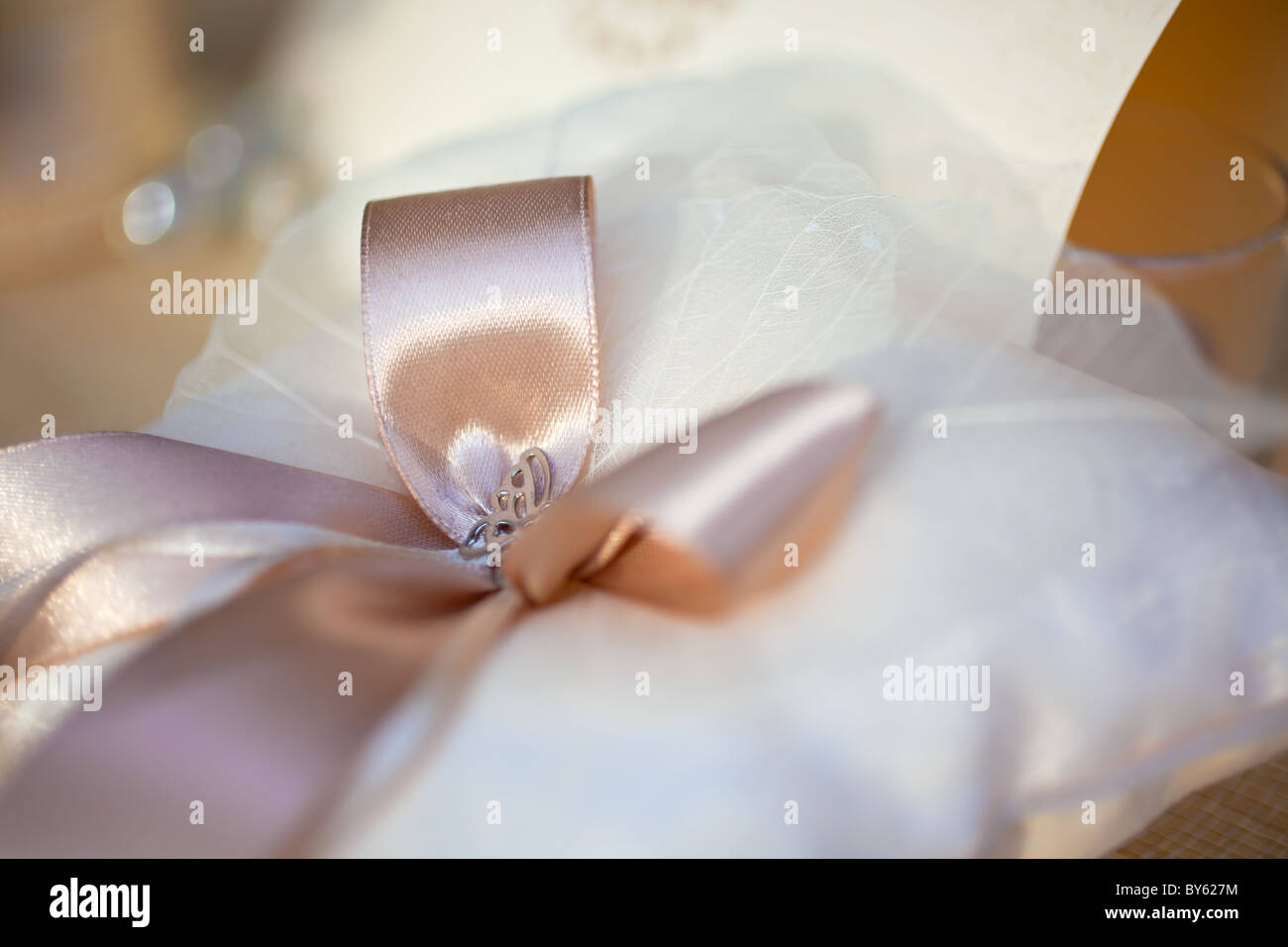 pink ribbon bow as wedding decoration. small GRIP Stock Photo