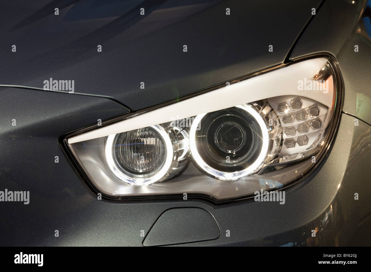 LED headlights on a BMW car Stock Photo Alamy