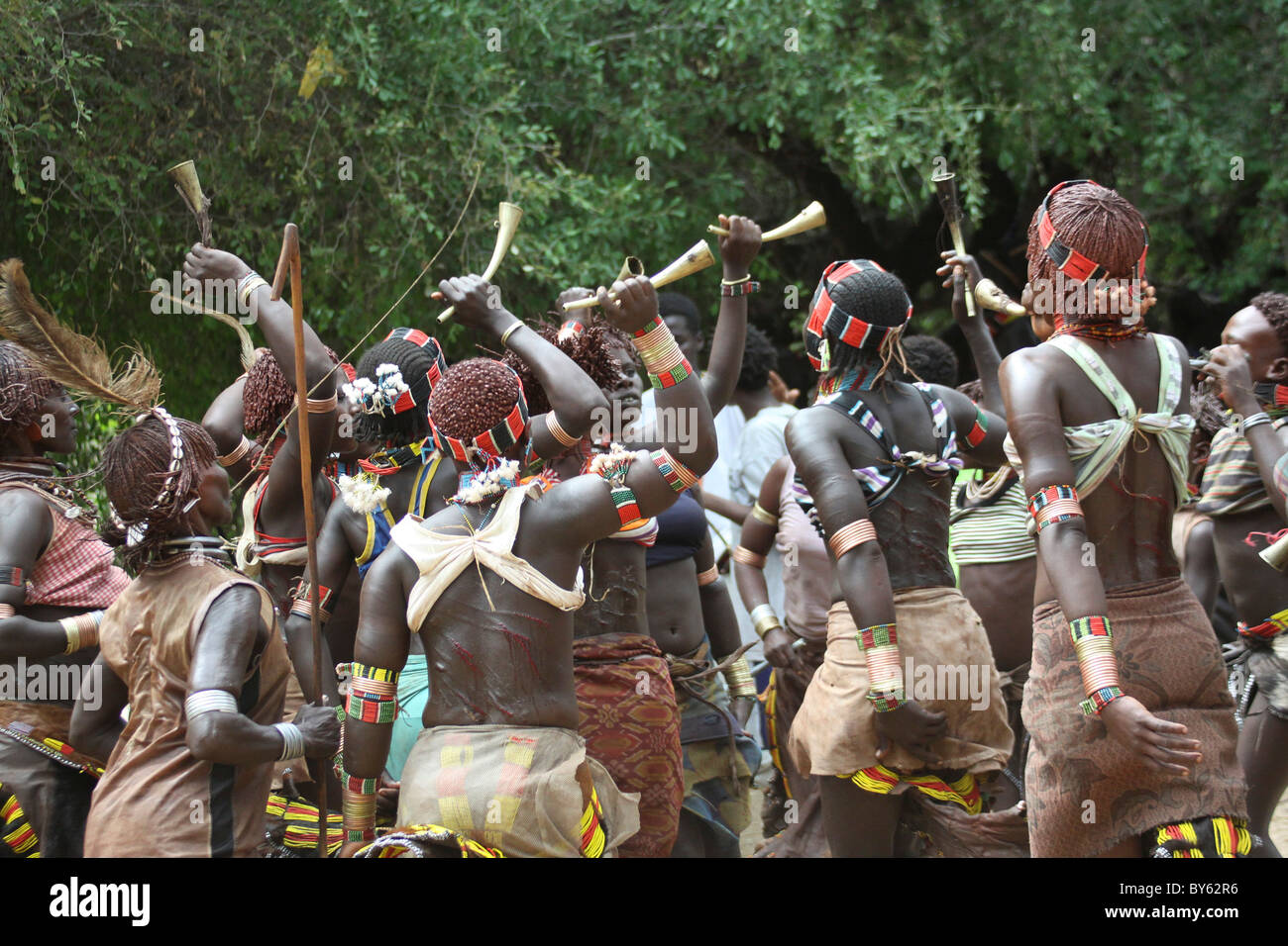 Africa, Ethiopia, Omo River Valley Hamer Tribe Tribal Dance Women's back are scarred from ritual flogging Stock Photo