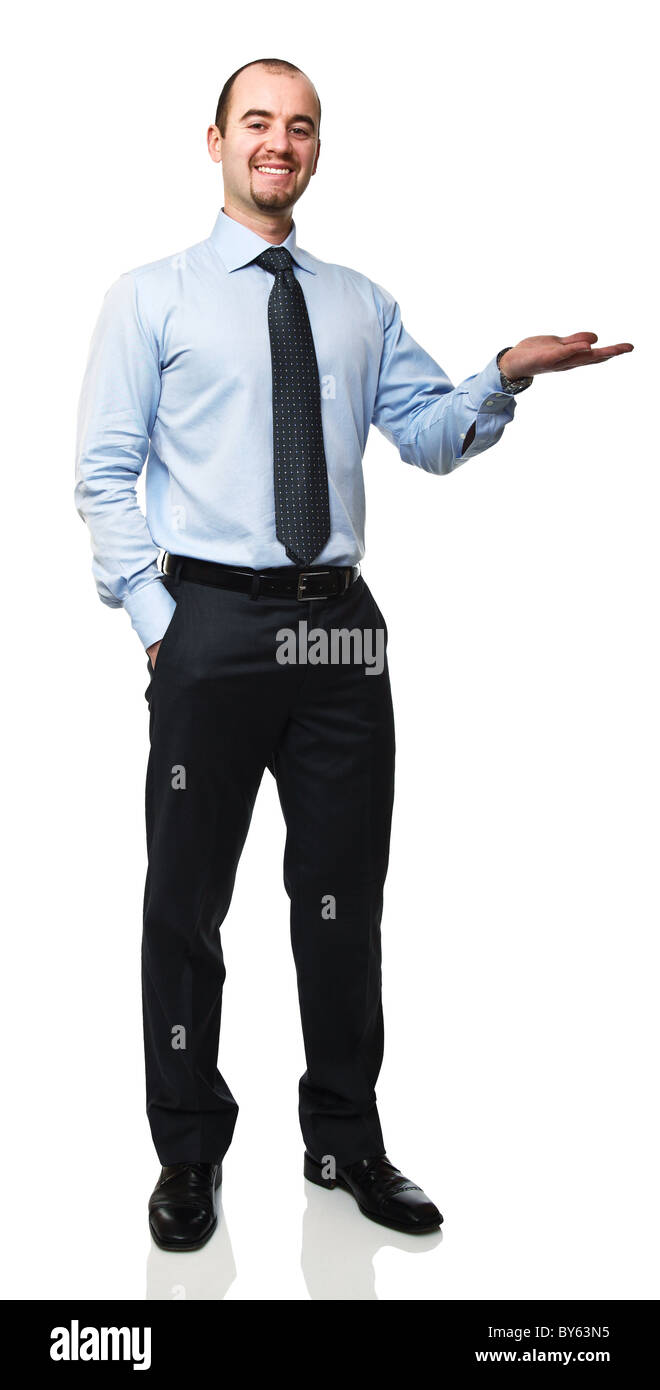 standing businessman in show pose isolated on white Stock Photo