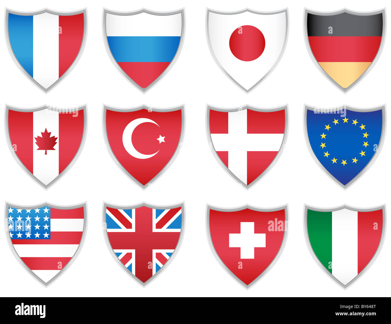 Set of 12 shields representing flags of 12 different countries Stock Photo Alamy