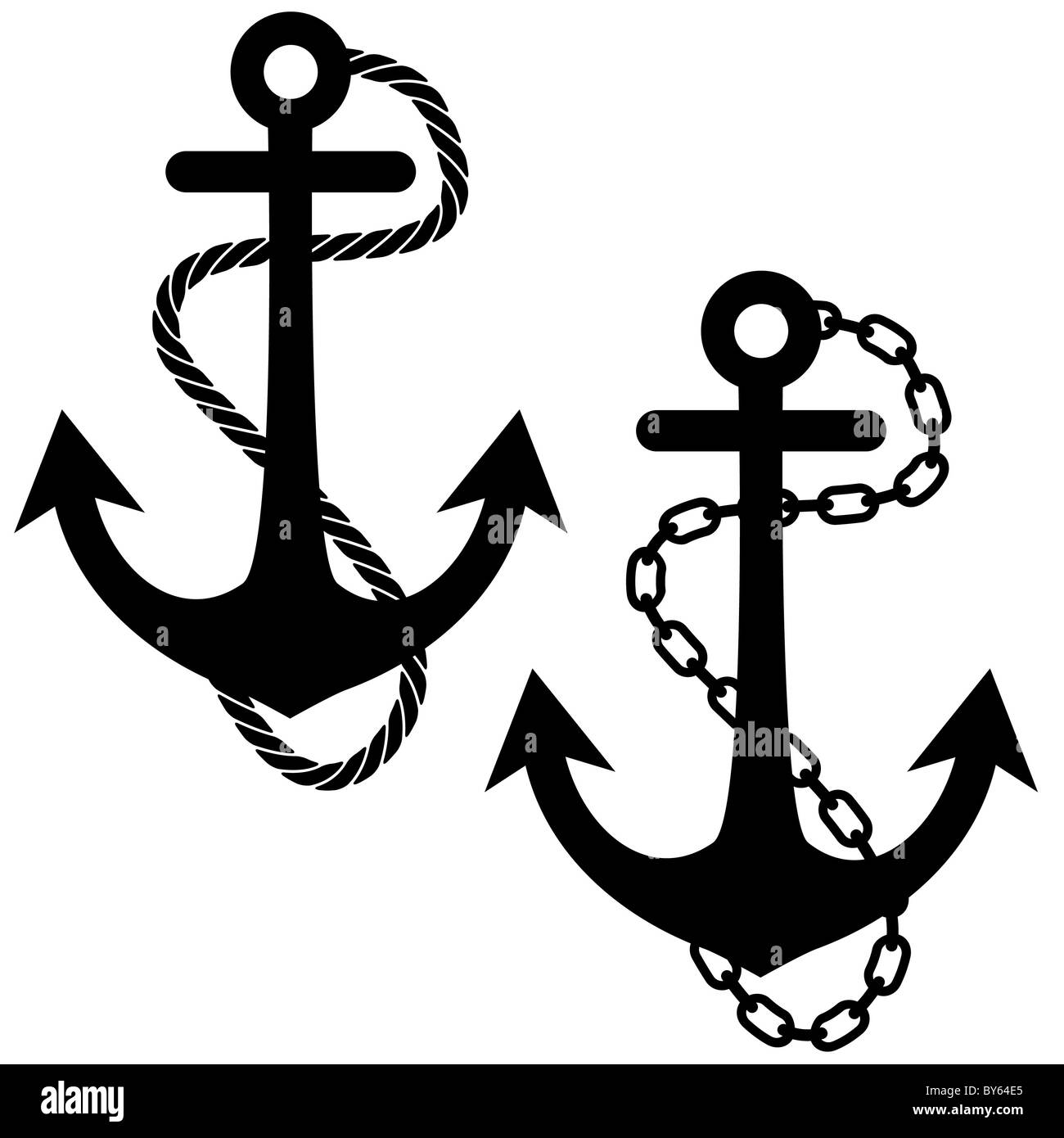 Set of anchors surrounded by rope and chains Stock Photo Alamy