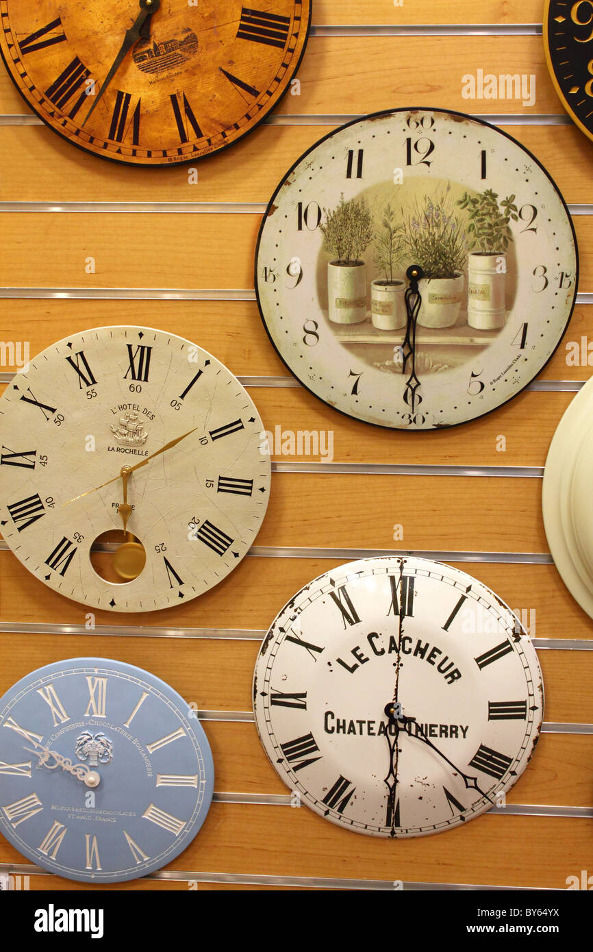 Selection of retro-style clocks in a department store, UK Stock Photo