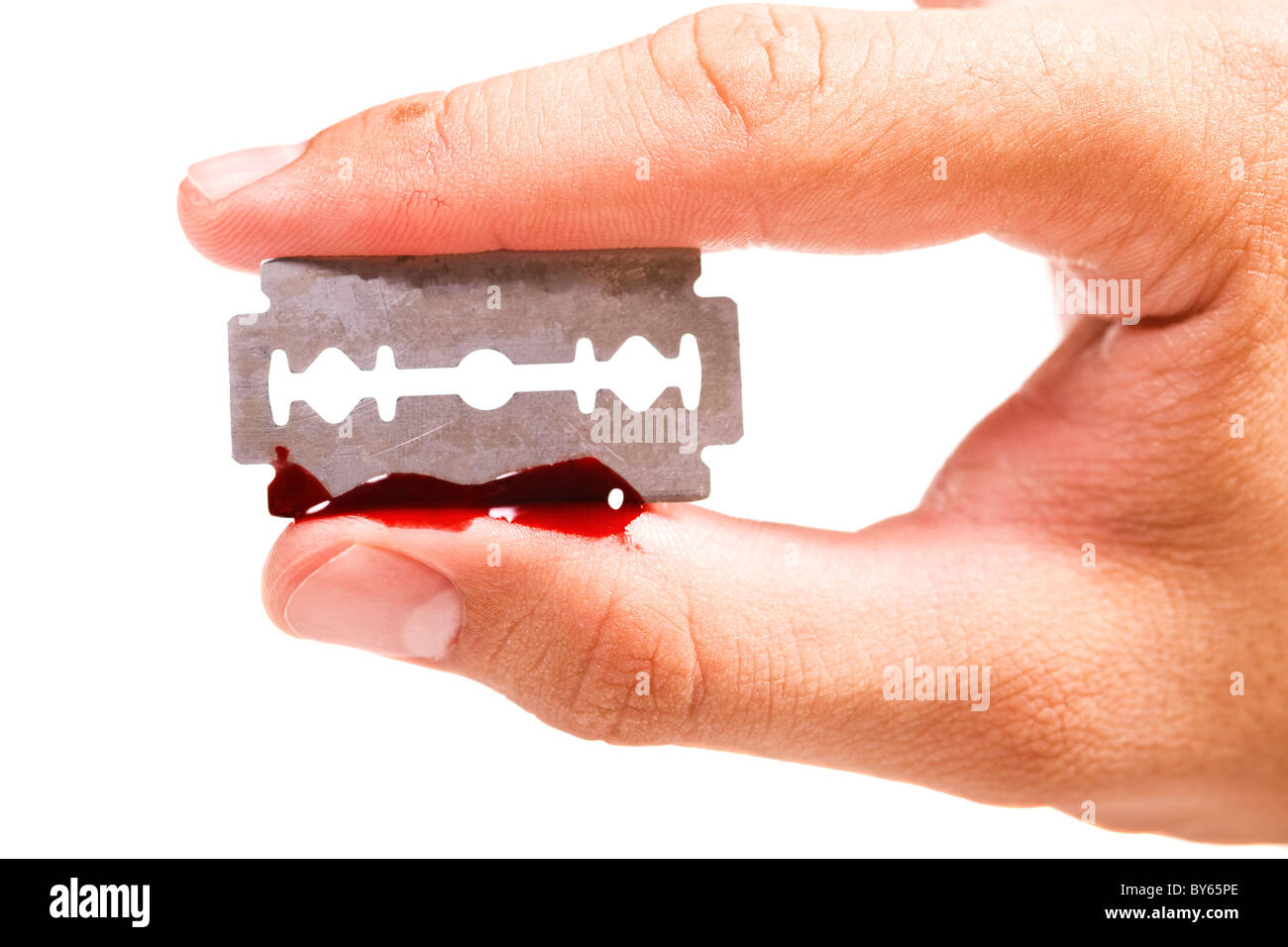 fingers keep the old rusty razor with blood on a white background