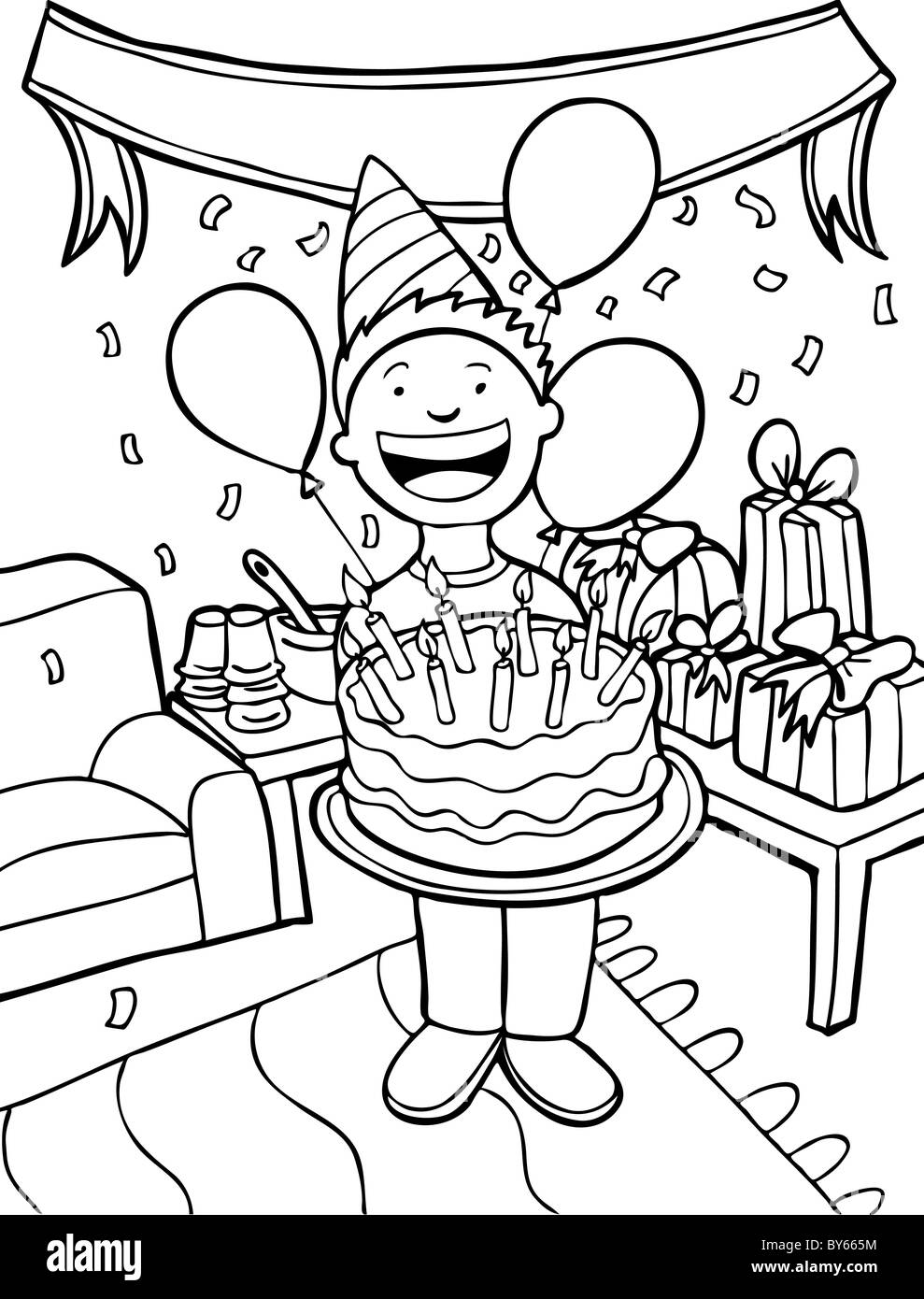 Child celebrates his birthday with a party - black and white Stock Photo - Alamy