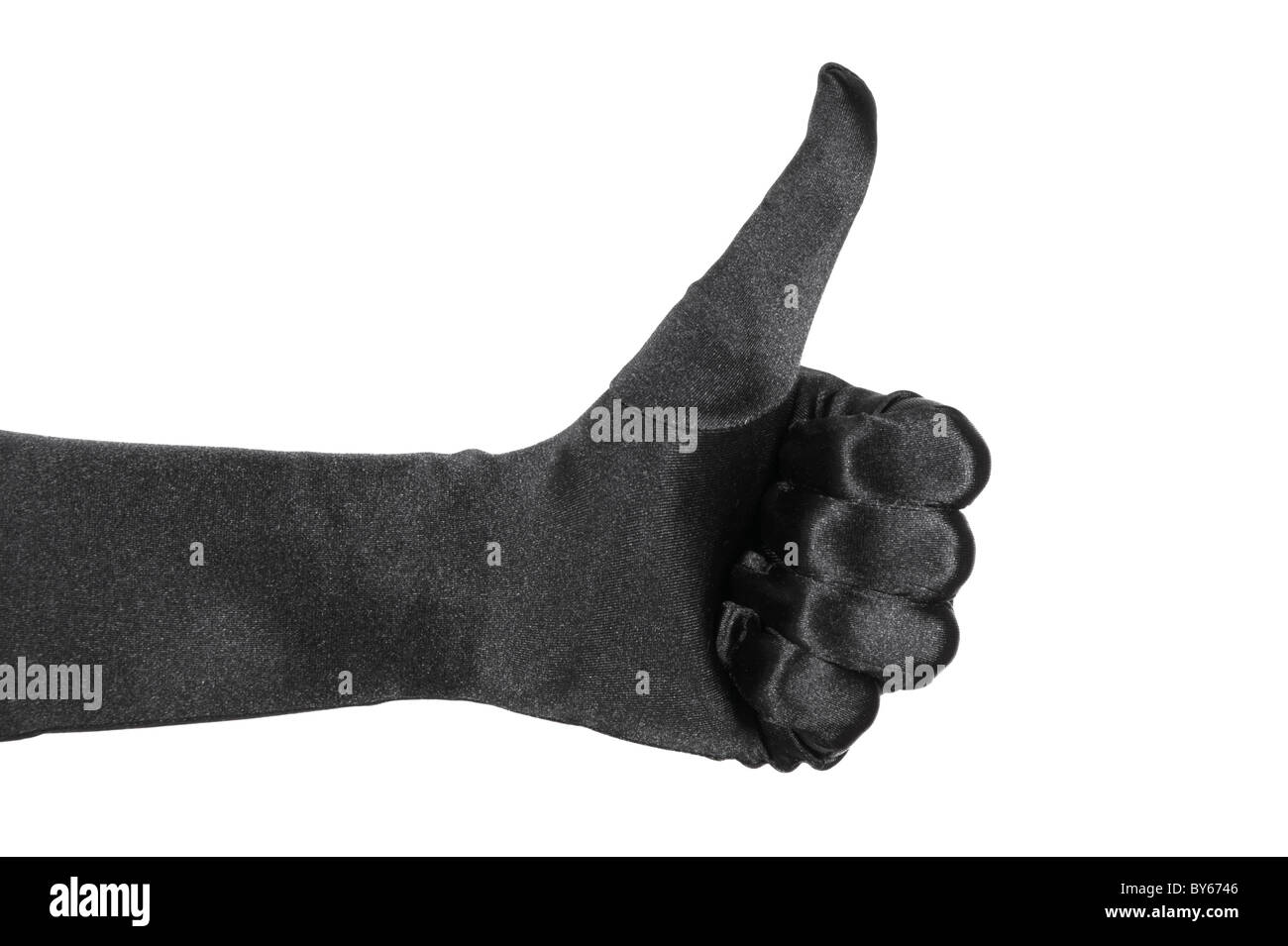 Hand wearing a black glove and doing a thumb uo gesture isolated on