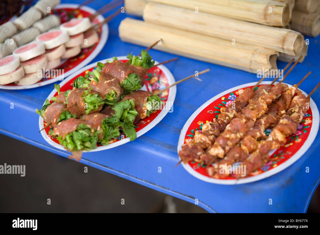 typical skewer in a market. Stock Photo