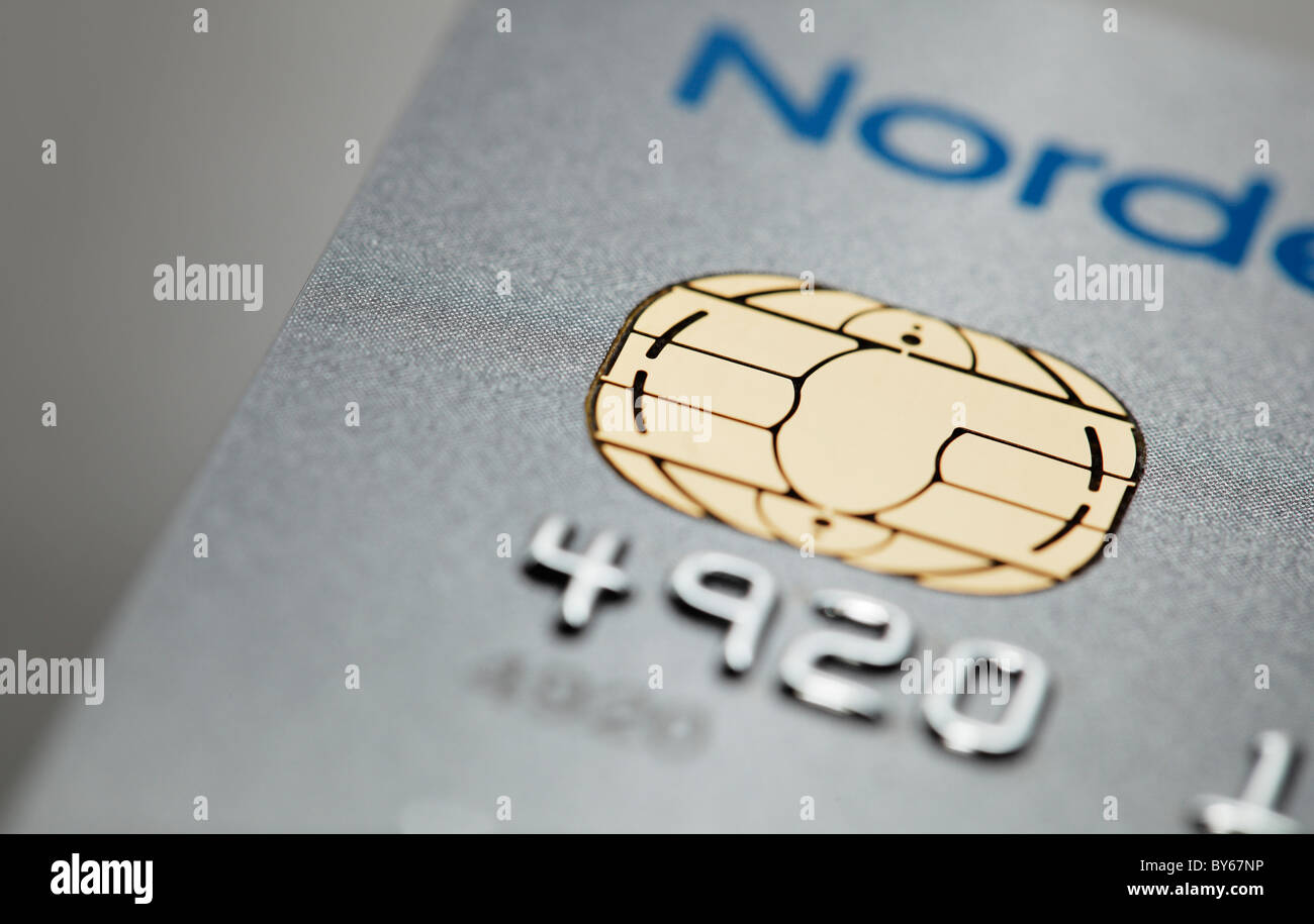 Detail of a icc chip card credit card issued by Nordea bank. Stock Photo