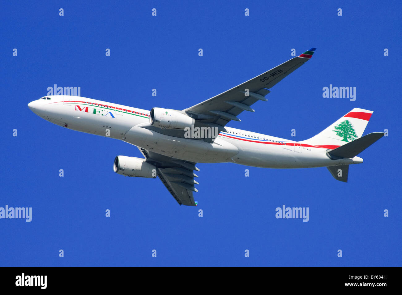 Airbus A330 operated by Middle East Airlines climbing out after take off from London Heathrow Airport Stock Photo