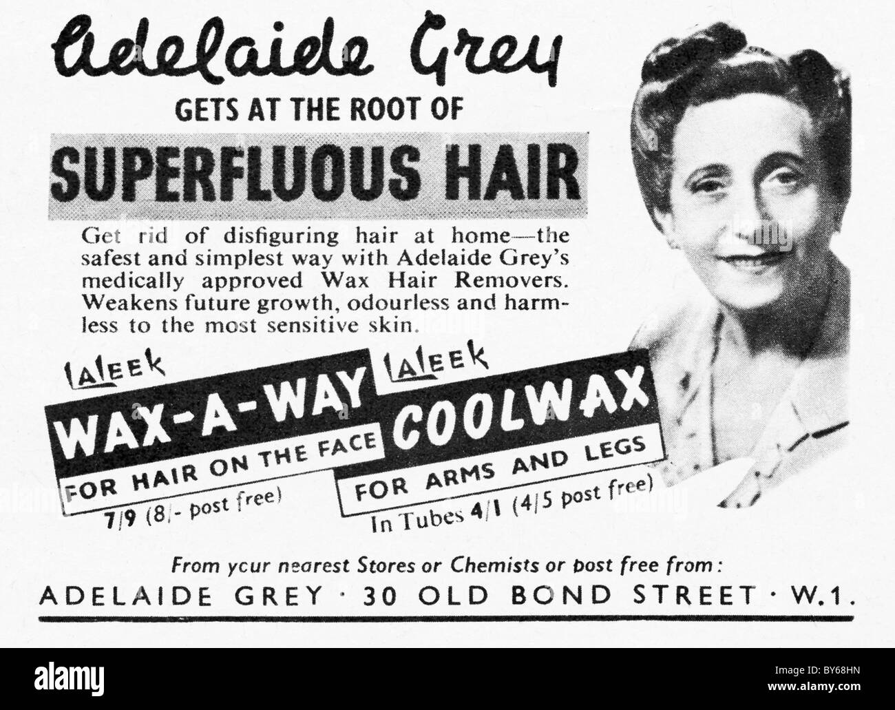 1950s small advert in ladies fashion magazine for Adelaide Grey hair removal wax treatment Stock Photo
