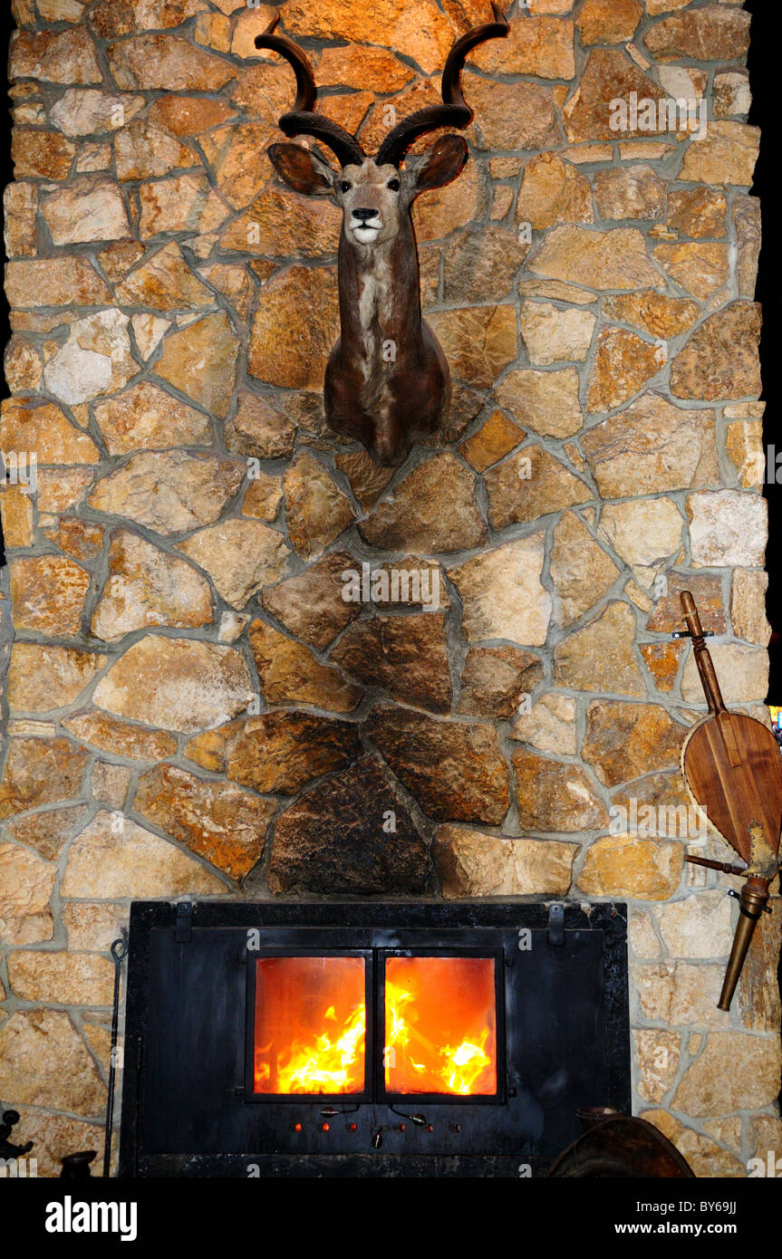 Stone fireplace. Big Sky, Montana, USA. Stock Photo