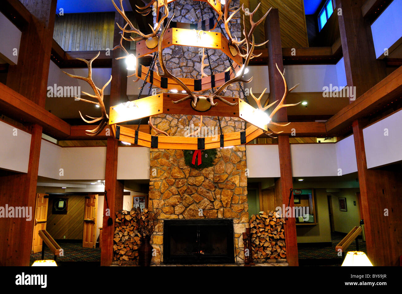 Chandelier at the lobby of Shoshone hotel. Big Sky, Montana, USA. Stock Photo