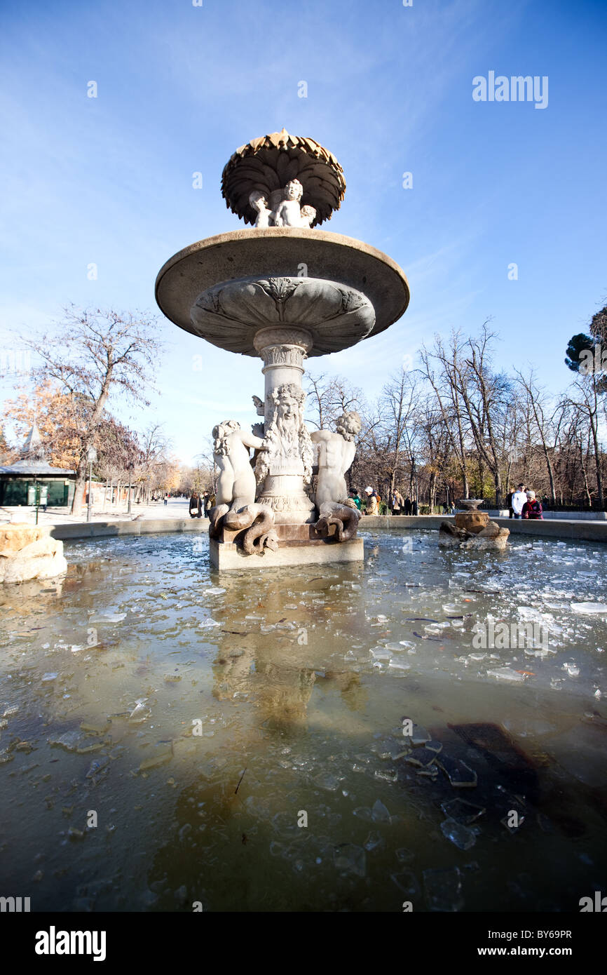 Frozen fountain in Buen Retiro Park. Madrid Spain. Stock Photo