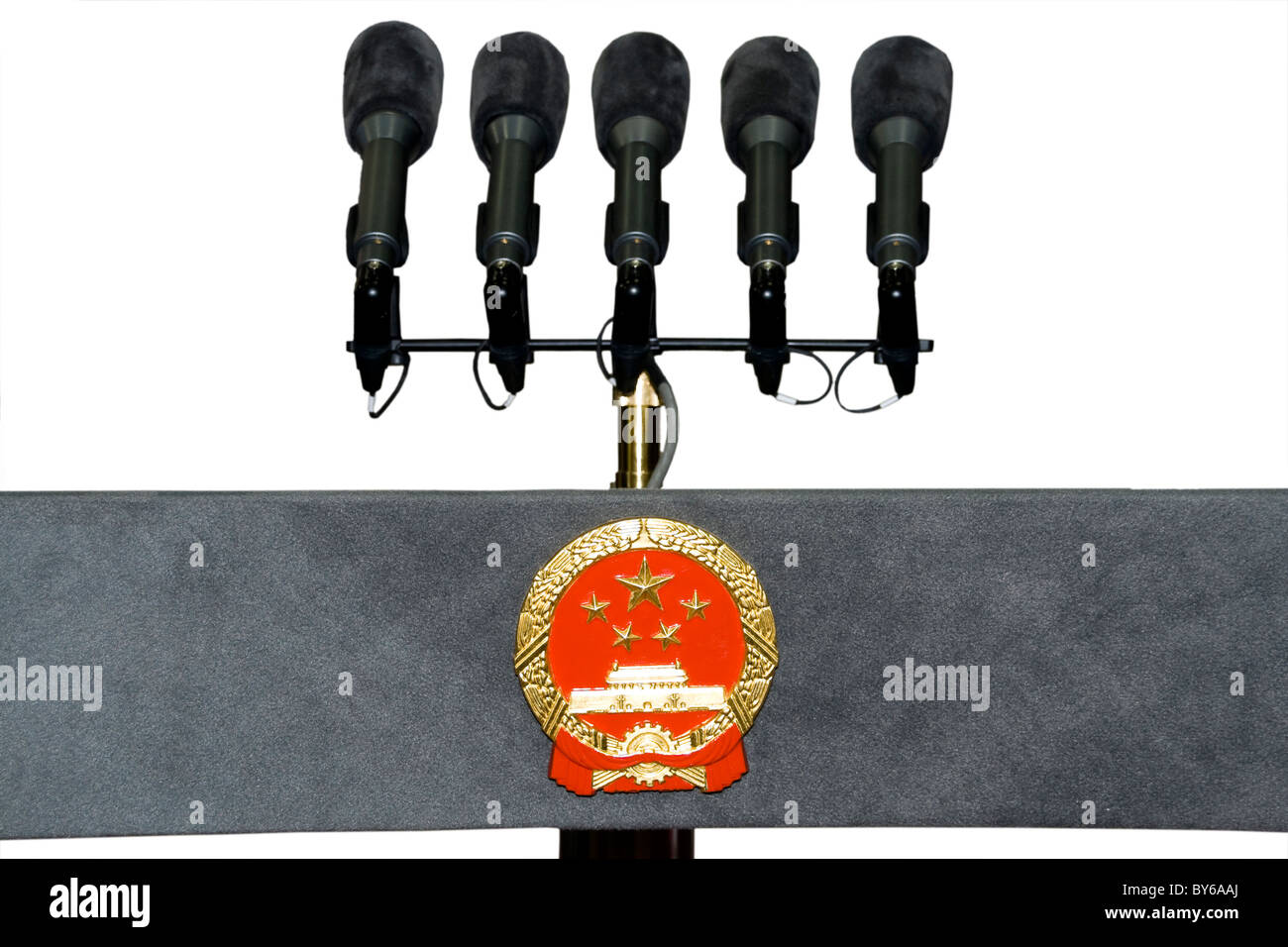 The Chinese country podium has the national emblem and the microphone Stock Photo