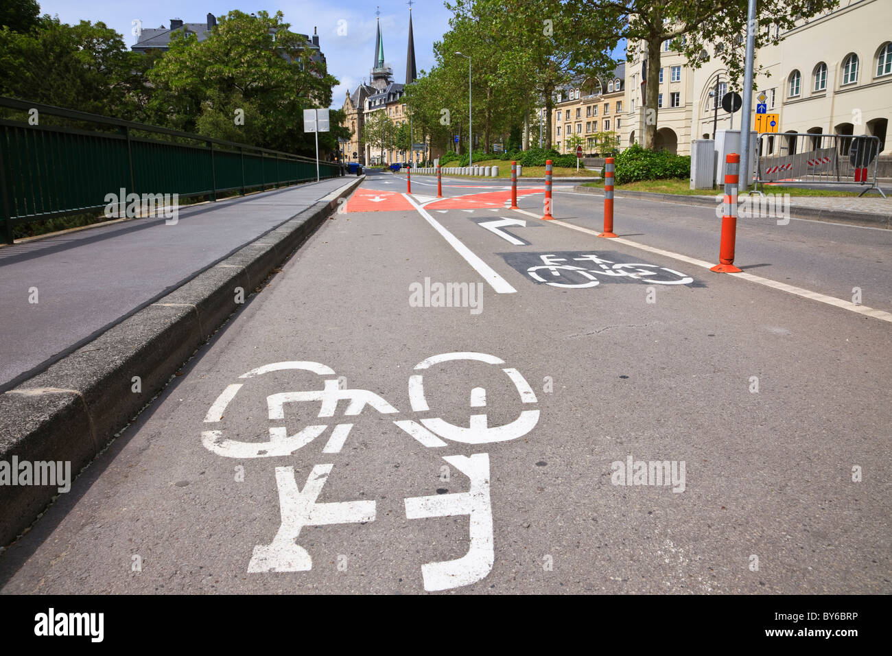 Cycle lane with painted signs marked on the road in the city of