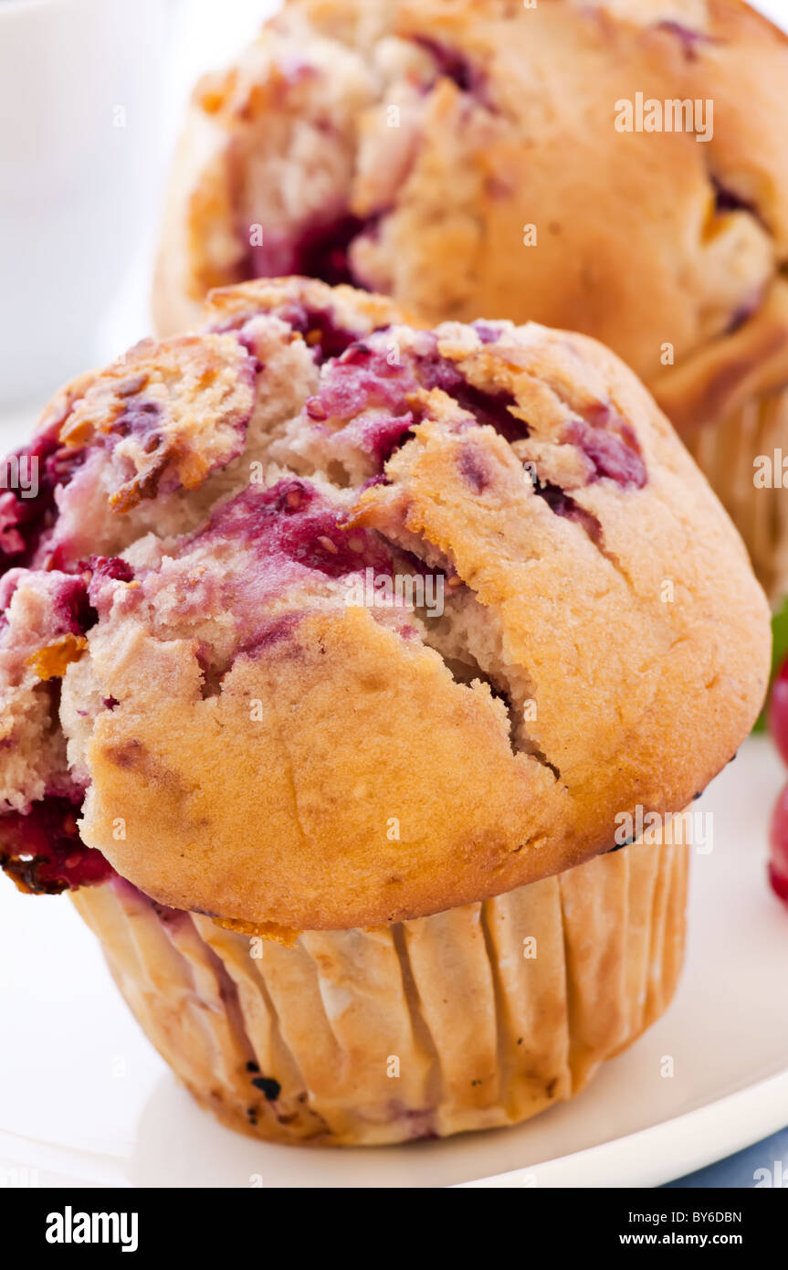 Raspberry muffin as closeup on white background Stock Photo