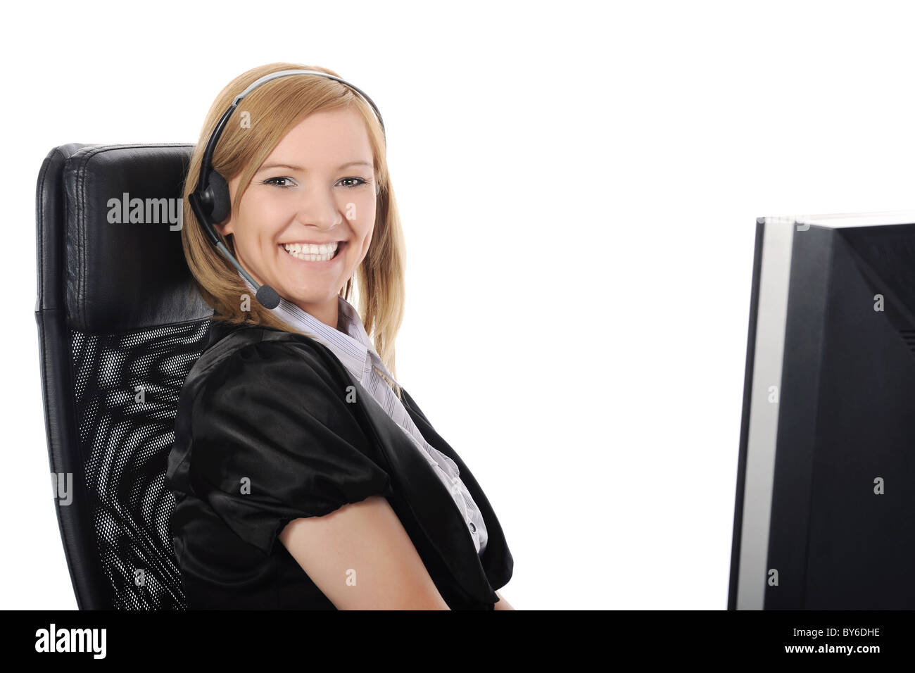Young beautiful girl consultant in a black jacket. Stock Photo