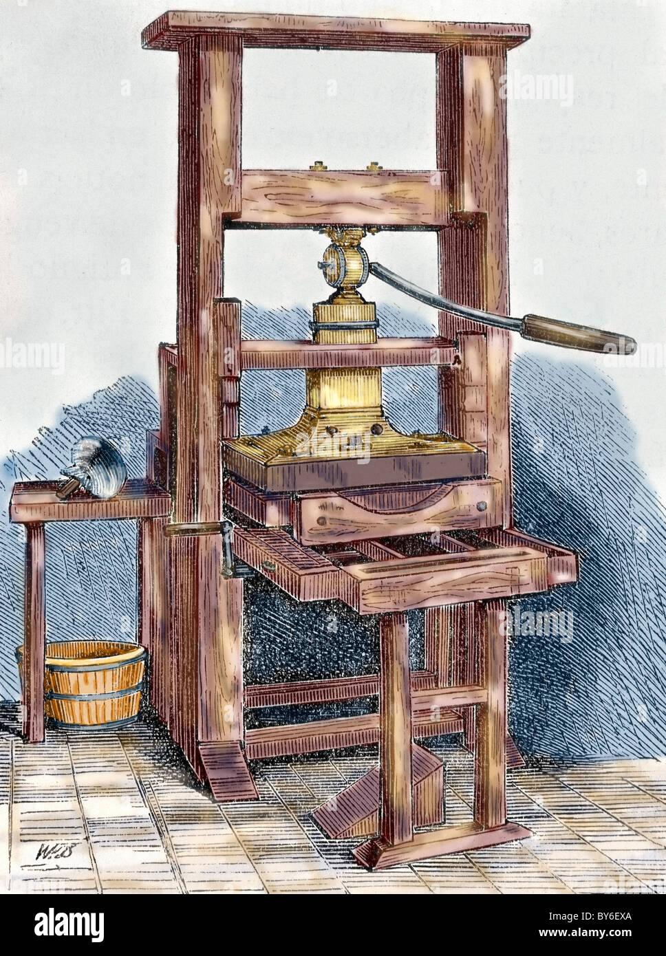Printing press used by Benjamin Franklin (1706-1790), U.S. statesman and scientist. Colored engraving. Stock Photo