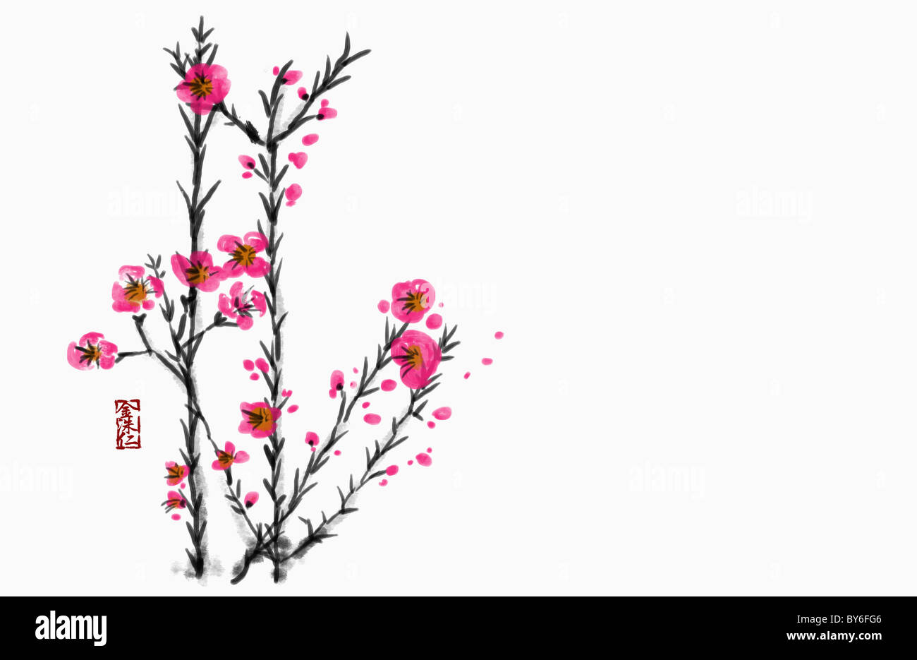 Pink flowers in ink painting Stock Photo - Alamy