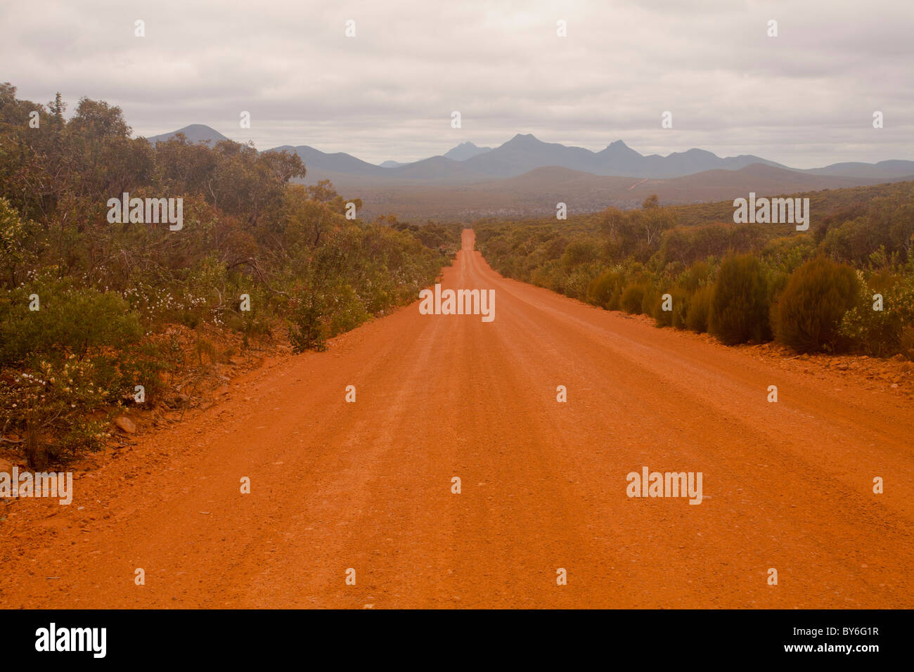 Red road through Stirling Range National Park, Albany, Western Australia Stock Photo