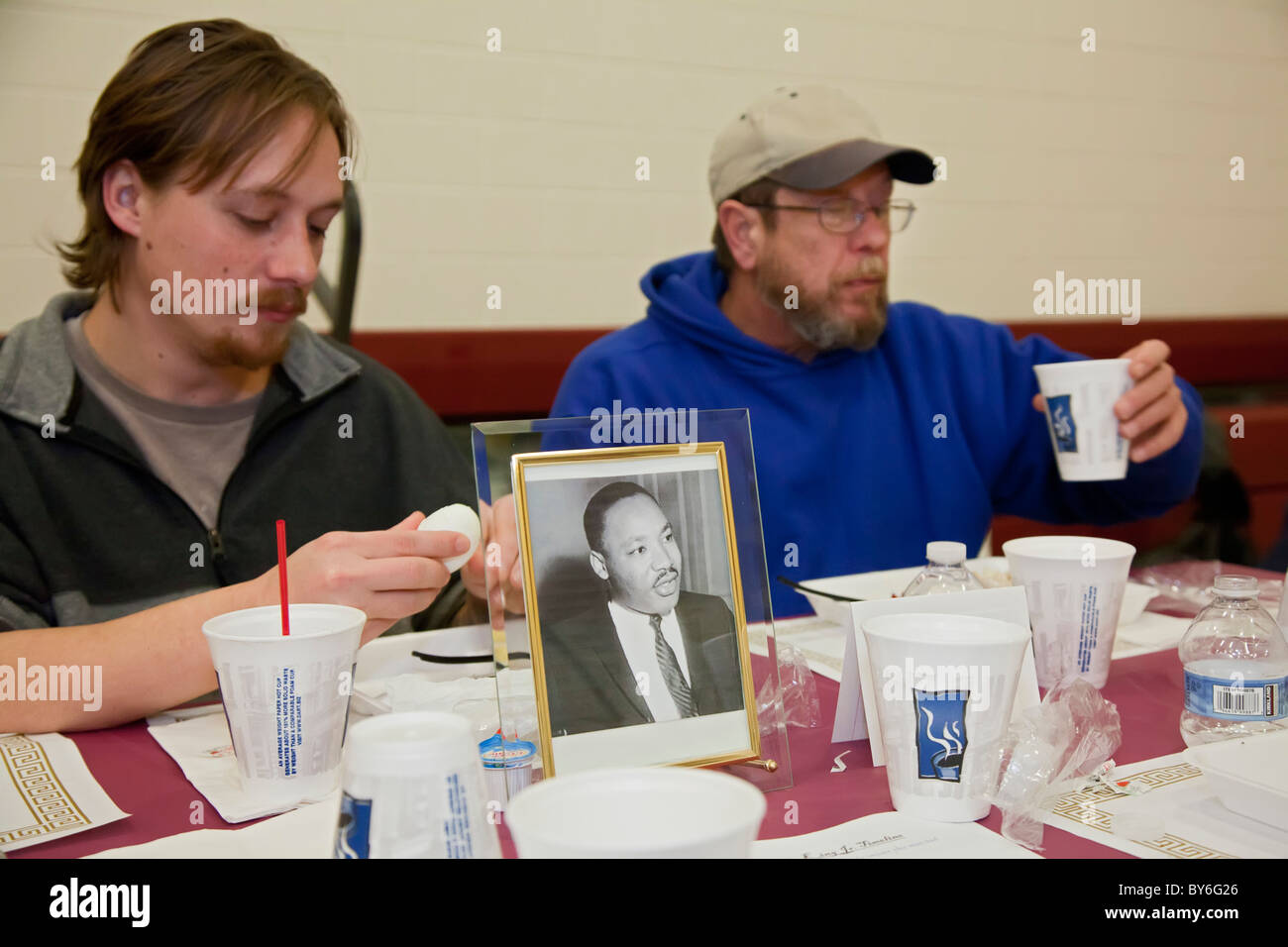 Homeless Men Eat Breakfast Served by Volunteers on King Holiday Stock