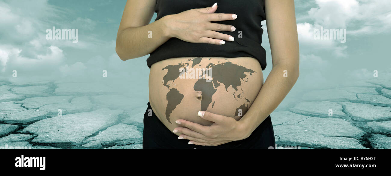 Pregnant woman's belly representing the planet in a dying environment Stock Photo