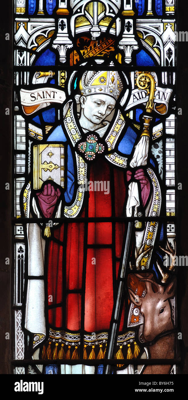Saint Aidan stained glass, All Saints Church, Swinford, Leicestershire, England, UK Stock Photo