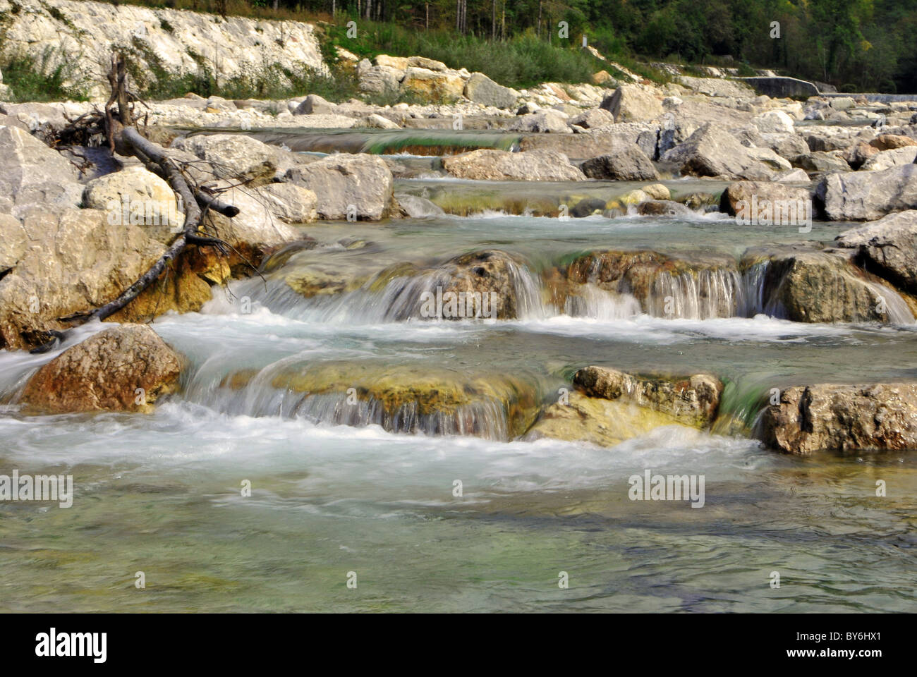 clear mountain river with a waterfall Stock Photo