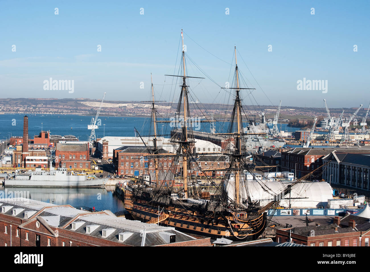 Portsmouth Dock yard with HMS Victory  from the semaphore tower Stock Photo