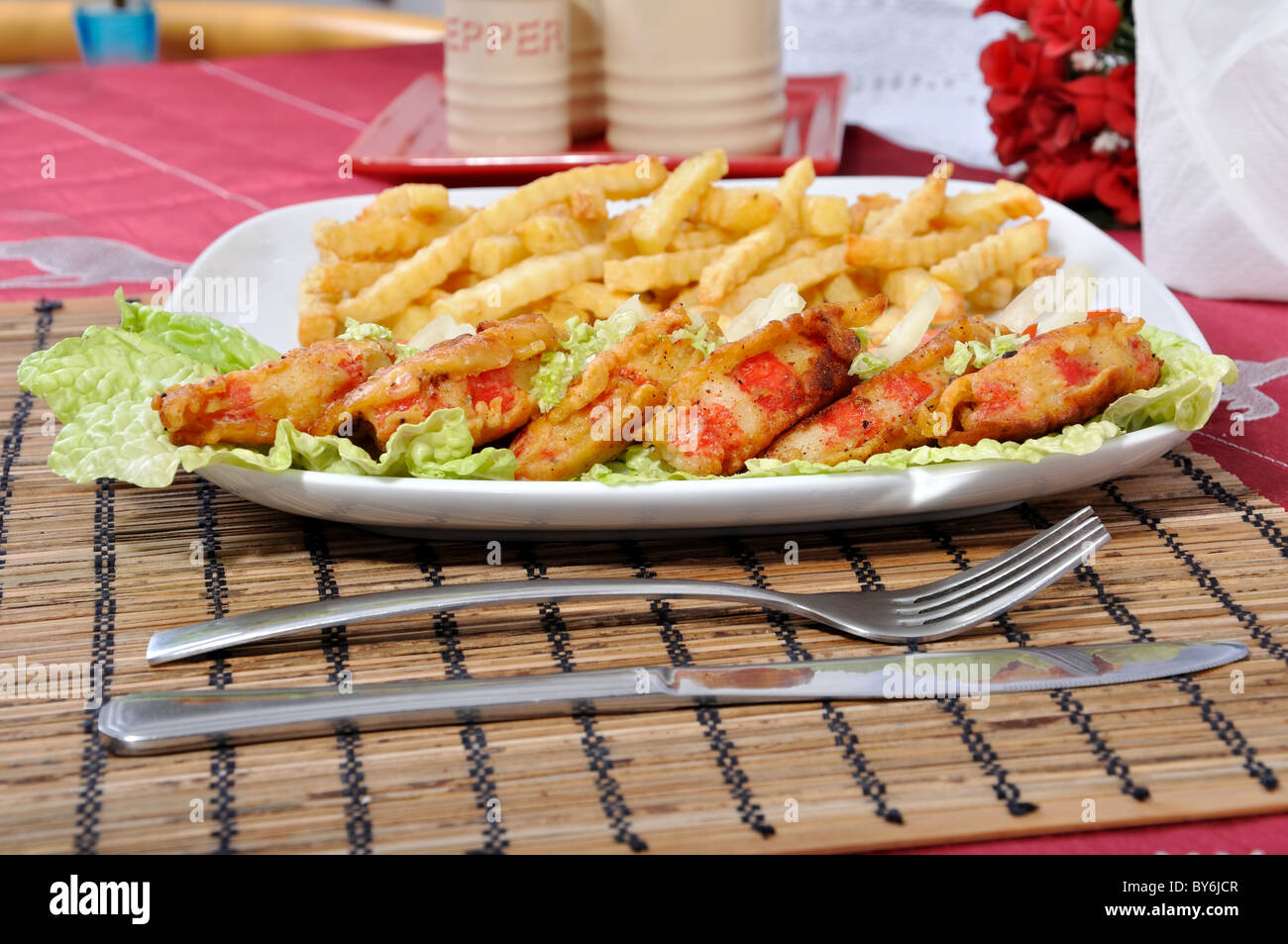 Diet surimi crabmeat with rice and vegetable and chips Stock Photo