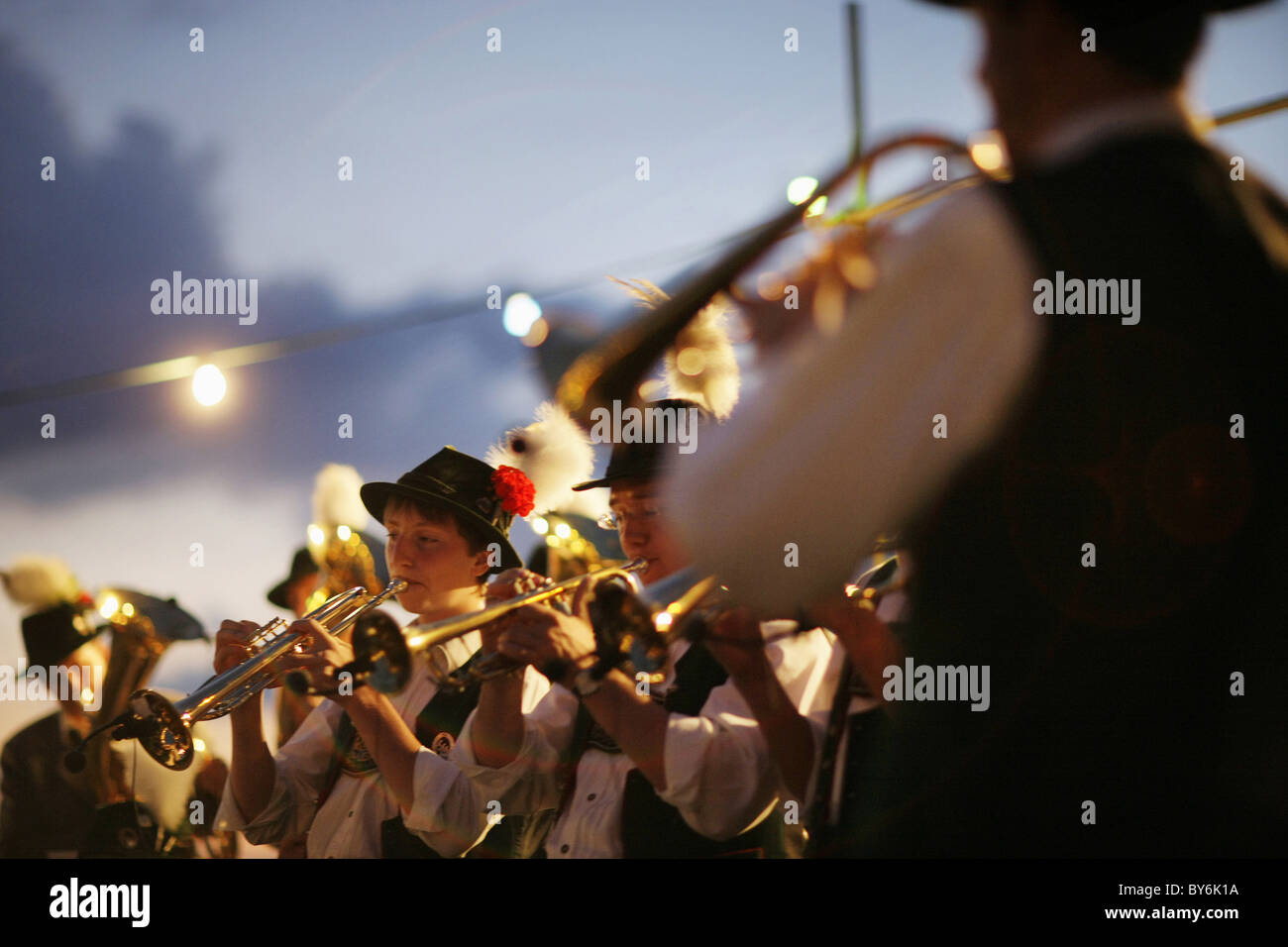 Brass band, Midsummer Festival, Muensing, Bavaria, Germany Stock Photo