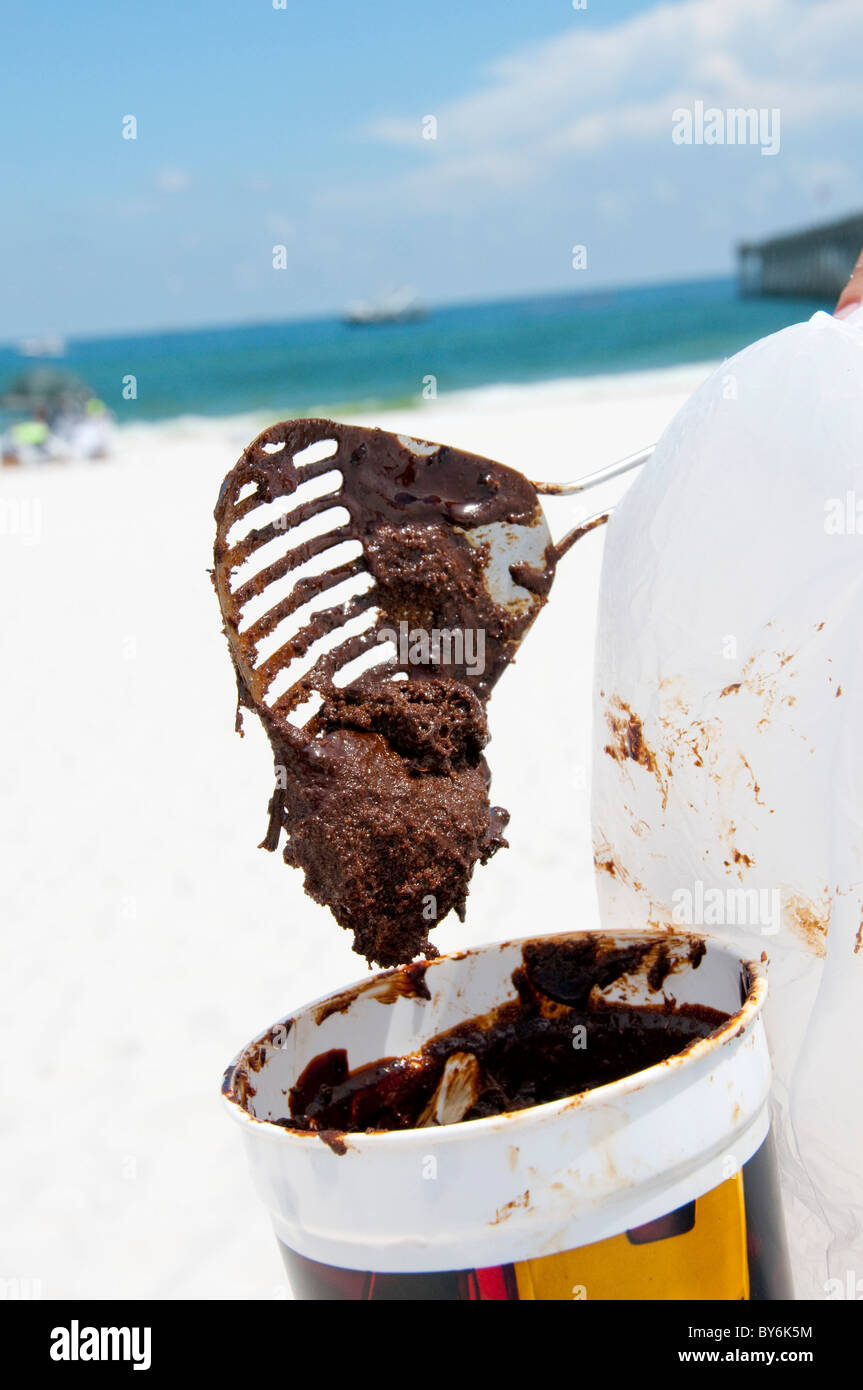 Oil-soaked sand being deposited into a cup on Pensacola Beach Stock Photo