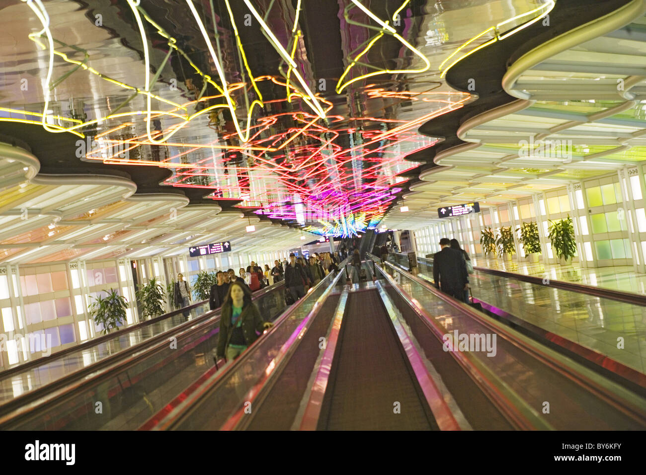 Light sculptures and moving walkway at O'Hare International Airport, Chicago, Illinois, USA Stock Photo