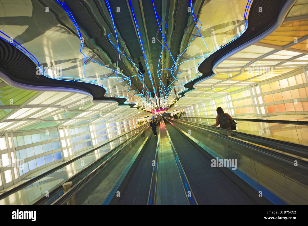 Light sculptures and moving walkway at O'Hare International Airport, Chicago, Illinois, USA Stock Photo