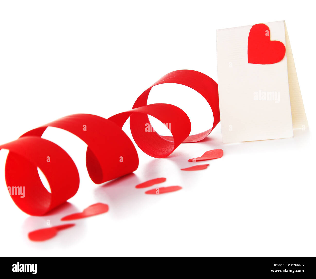 Blank card with red heart & ribbon isolated on white background ...
