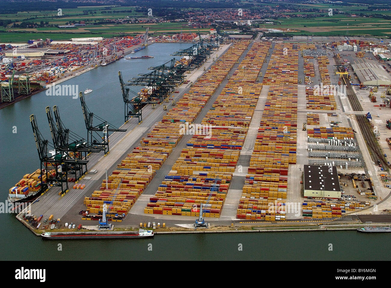 ANTWERP FROM THE SKY: PORT CONTAINERS AND CRANES Stock Photo