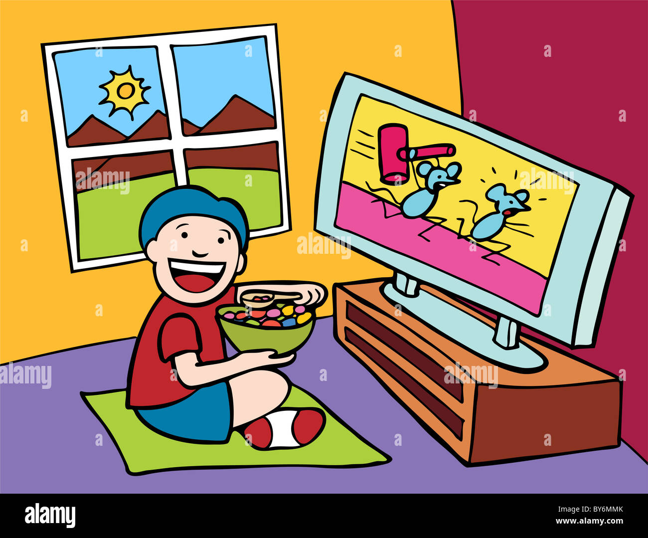 Cartoon of child watching television Stock Photo - Alamy