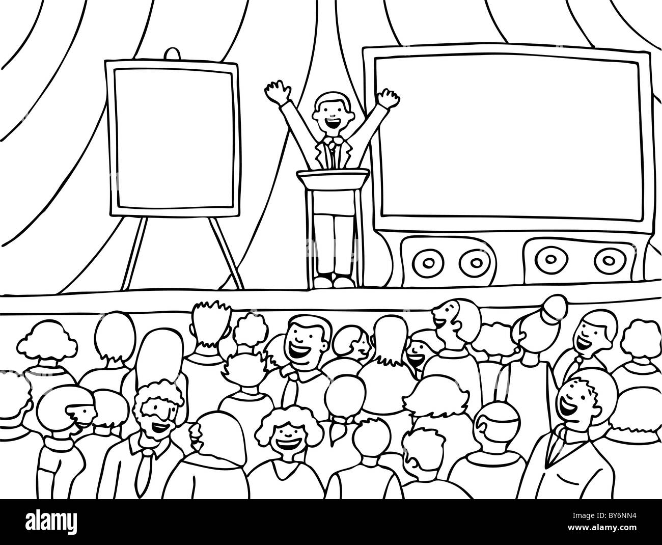 Public speaker presenting to a large group of people on a stage - black and white. Stock Photo