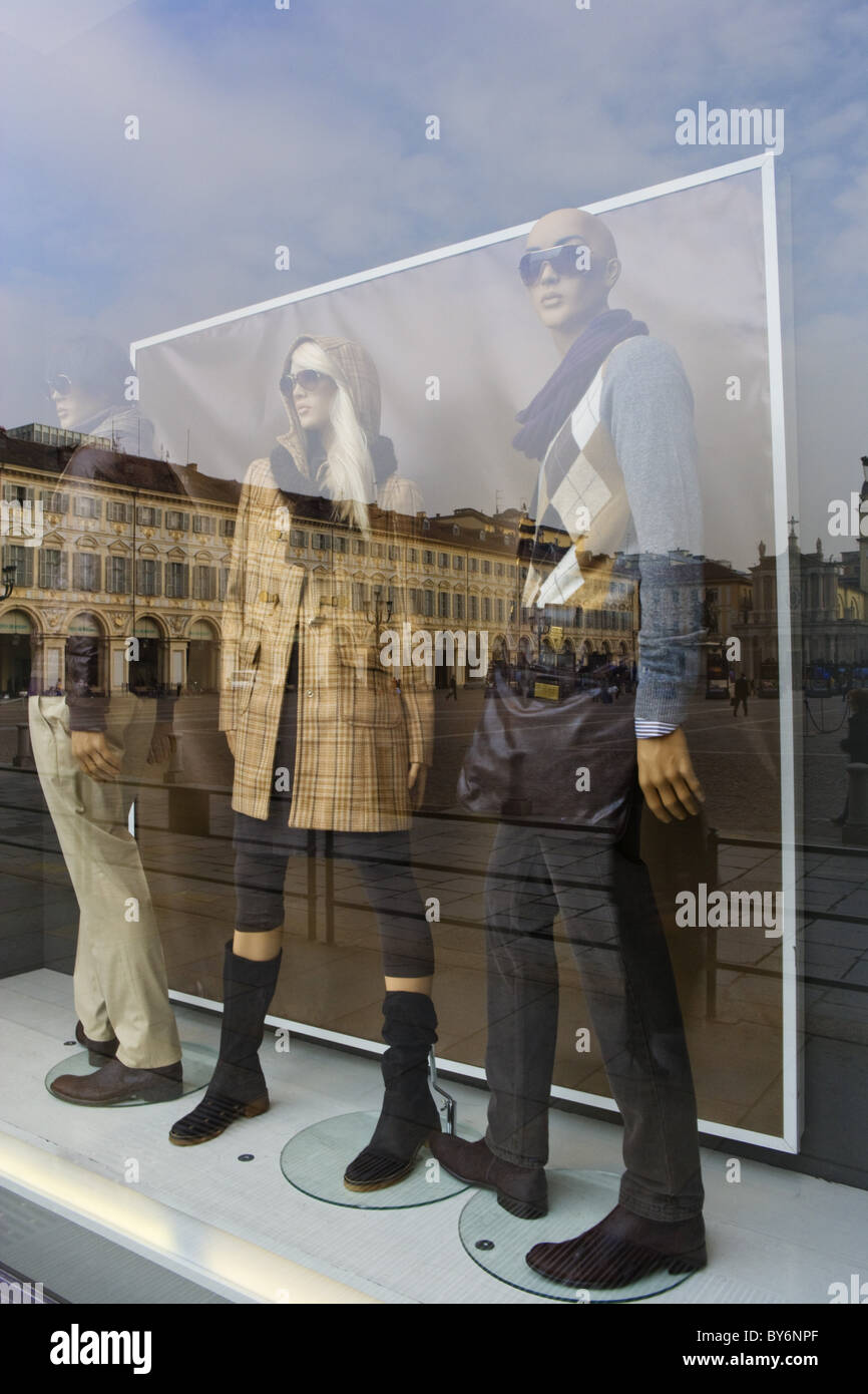 Shop window with reflection, Shopping in Via Roma, Turin, Piedmont, Italy Stock Photo