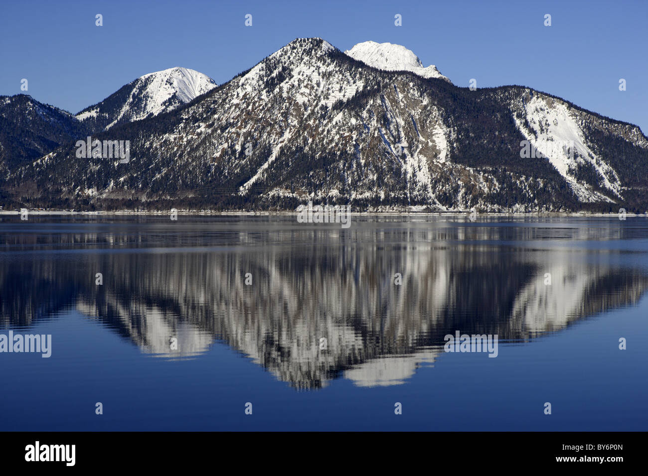 Walchensee and Jochberg with reflection of the mountain in the lake, Upper Bavaria, Bavaria, Germany Stock Photo