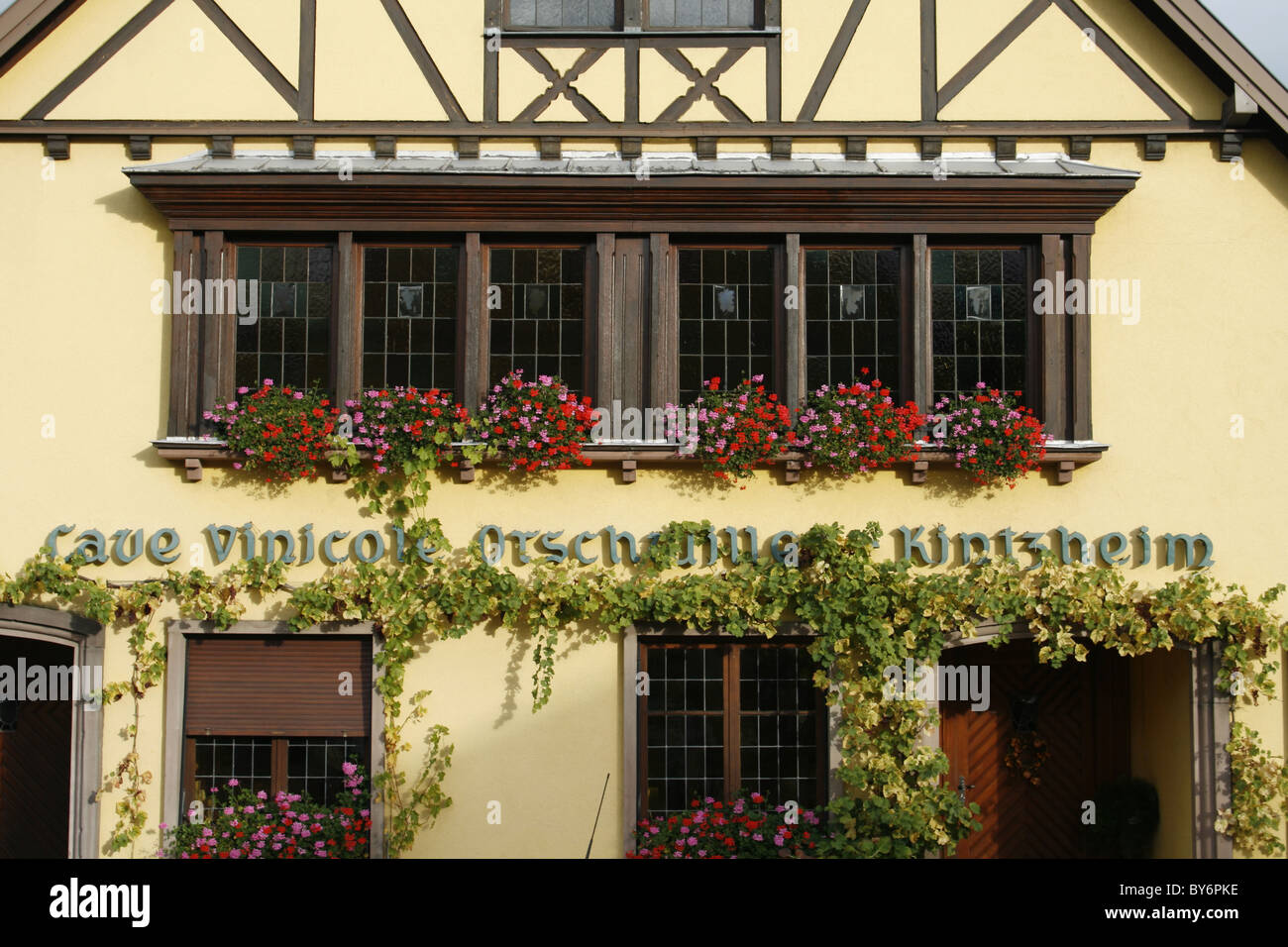 Alsace wine route France timbered building windows flowers architecture Stock Photo
