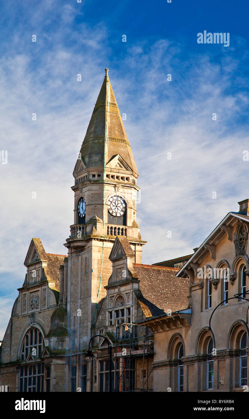 The former Town Hall clock tower in the typical English provincial county town of Trowbridge