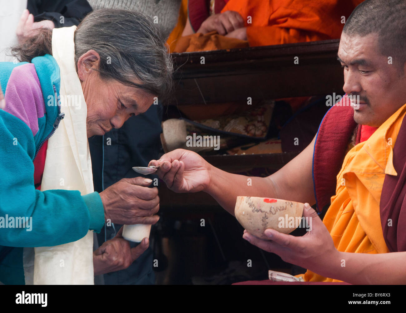 Monk Rimdo monk blessing at the Mani Rimdu Festival at Tengboche Monastery in the ...
