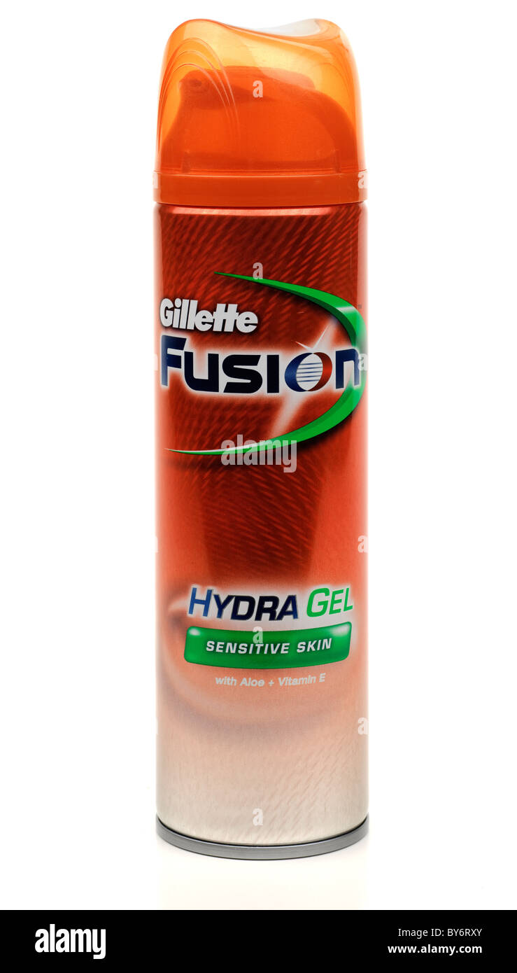 Spray cannister of Gillette Fusion Hydra shaving Gel for sensitive skin with Aloe Vera and vitamin E Stock Photo