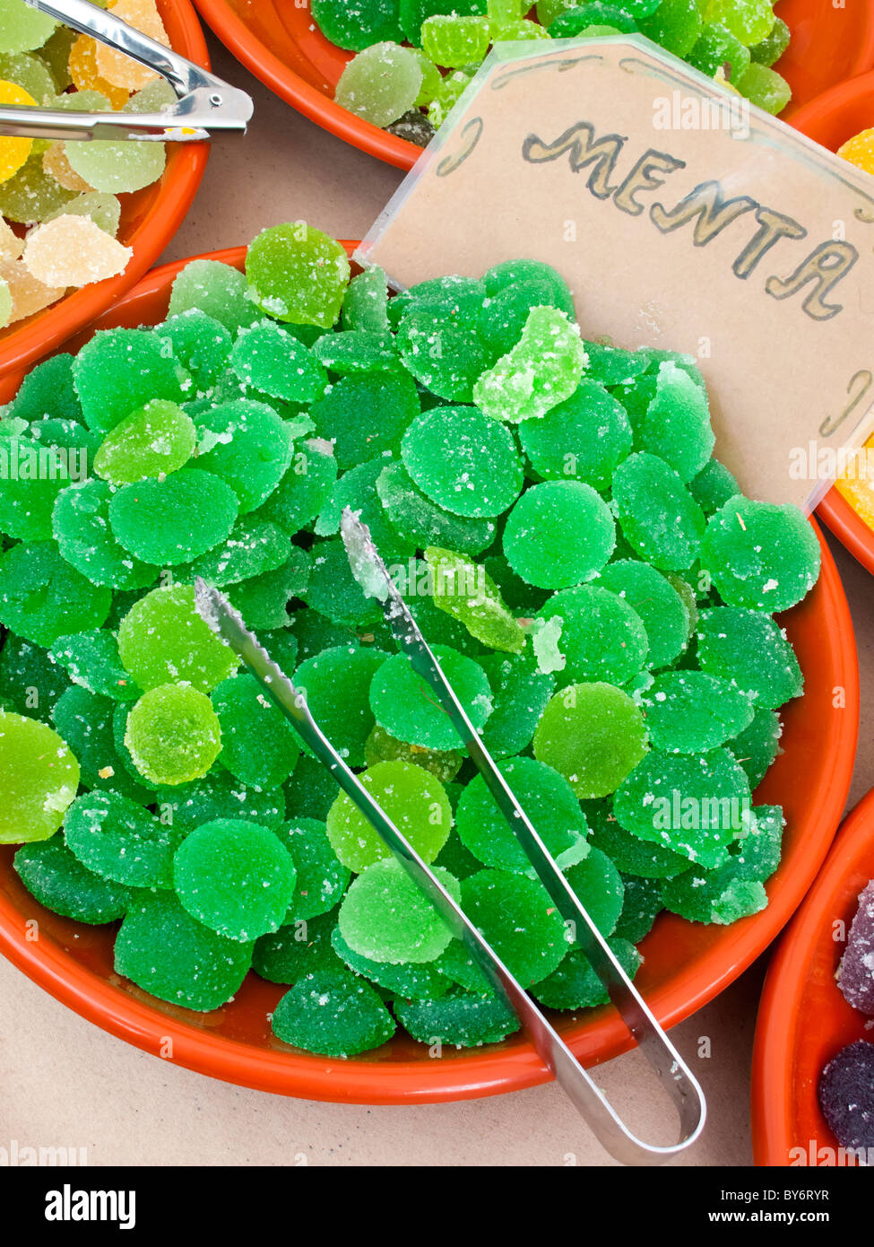 Sweets for sale in a street market in Asturias in Northern Spain Stock Photo