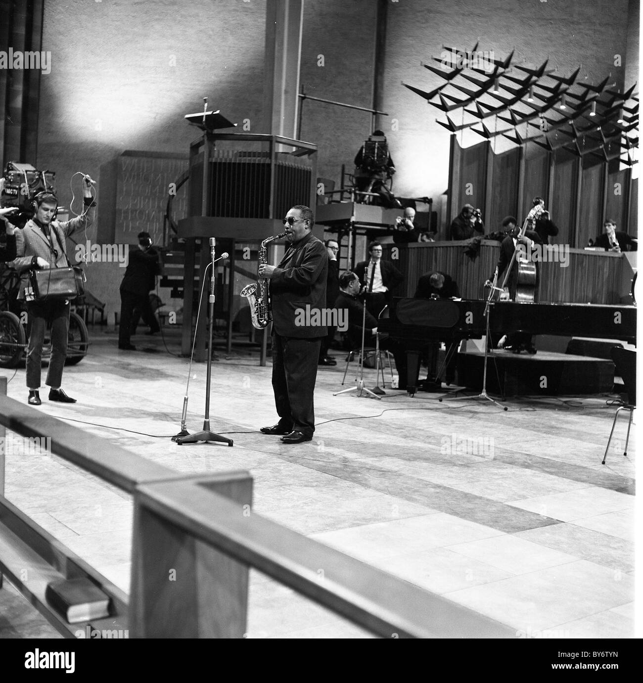 Duke Ellington rehearsing at a piano for a concert for ABC Television in Coventry Cathedral . 24 Feb 1966 Stock Photo