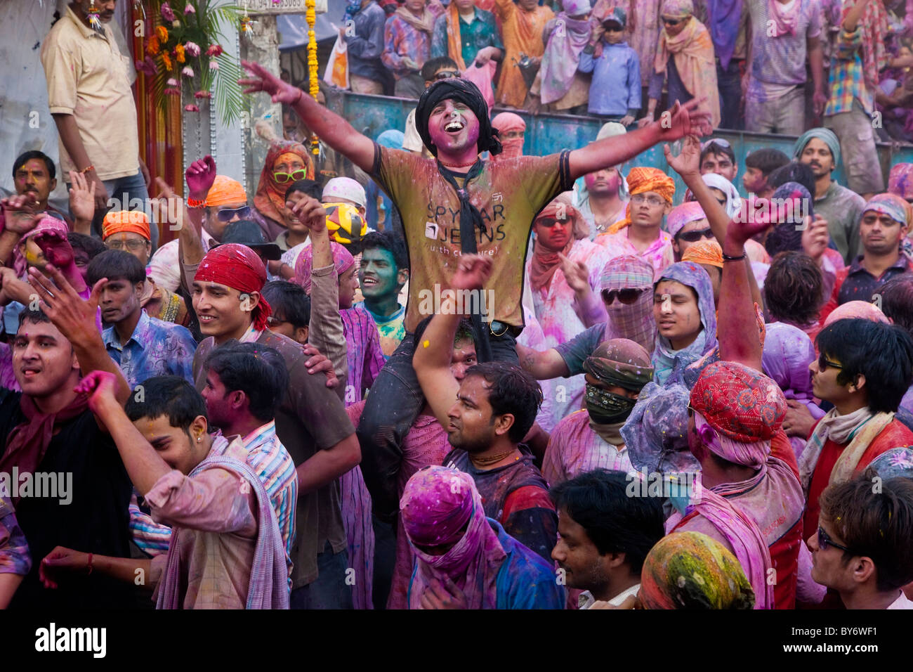 Celebration of Holi Festival, Mathura, Uttar Pradesh, India Stock Photo